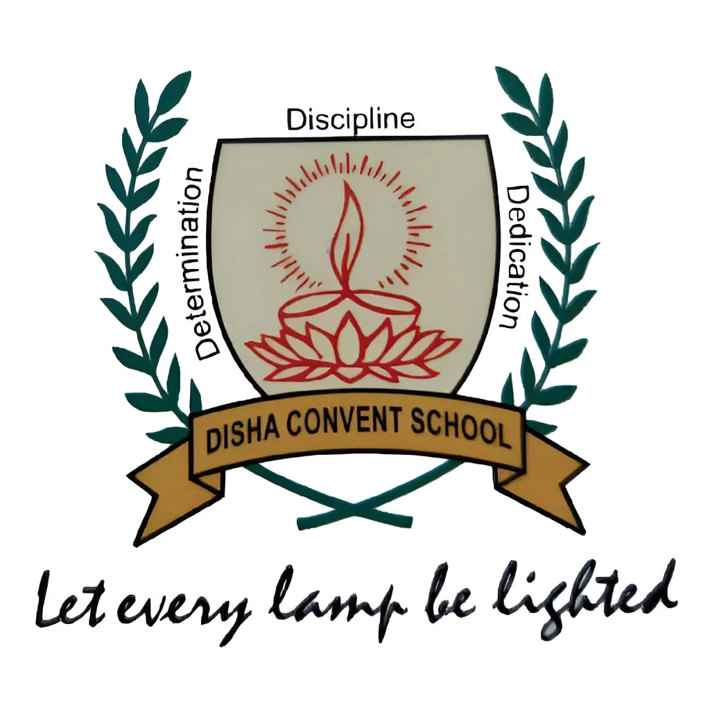Logo of Disha Convent School featuring a shield, laurel wreath, a lit lamp on a lotus, and the motto 'Let every lamp be lighted'